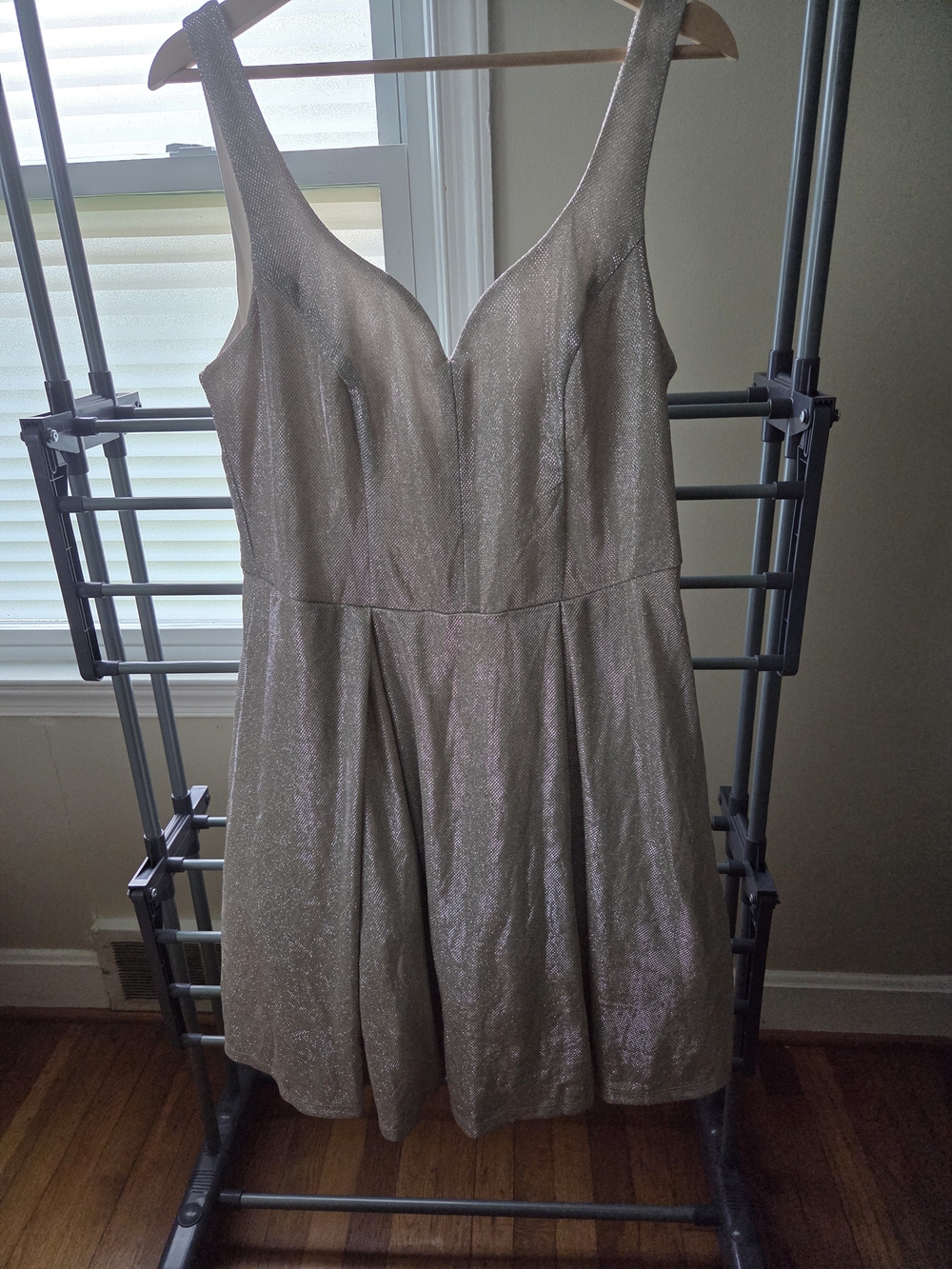 B. Smart Metallic Taupe V-Neck Fit & Flare Dress